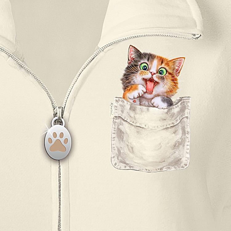 Ivory Cat-Themed Hoodie Featuring A Paw Print Zipper Pull And Adorned With  Cat Art By Kayomi Harai