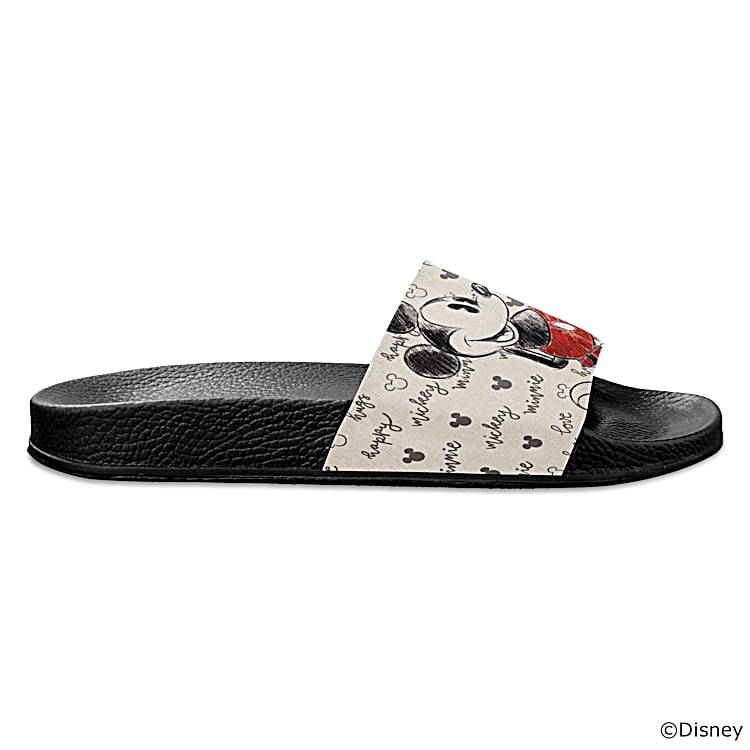 Womens Off White Faux Leather Slide Sandals Adorned With Disney s Mickey Mouse And Minnie Mouse Art