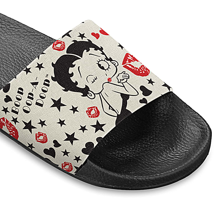 Womens Ivory Slide Sandal Shoes Adorned With Betty Boop Art Womens Ivory Slide Sandal Shoes Adorned With Betty Boop Art