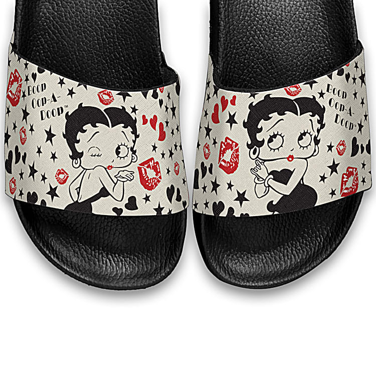 Womens Ivory Slide Sandal Shoes Adorned With Betty Boop Art Womens Ivory Slide Sandal Shoes Adorned With Betty Boop Art