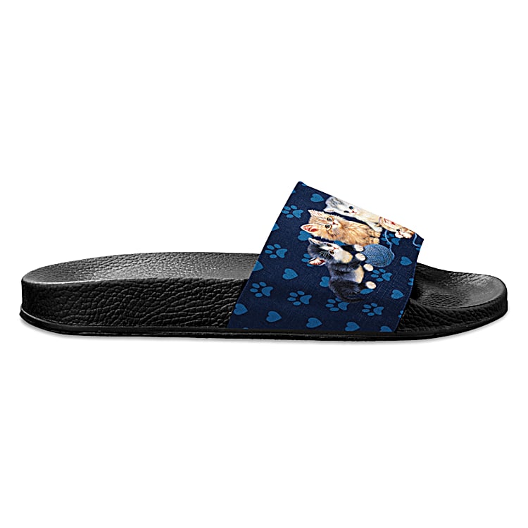 Womens Blue Slide Sandal Shoes Adorned With Cat Art By Womens Blue Slide Sandal Shoes Adorned With Cat Art By