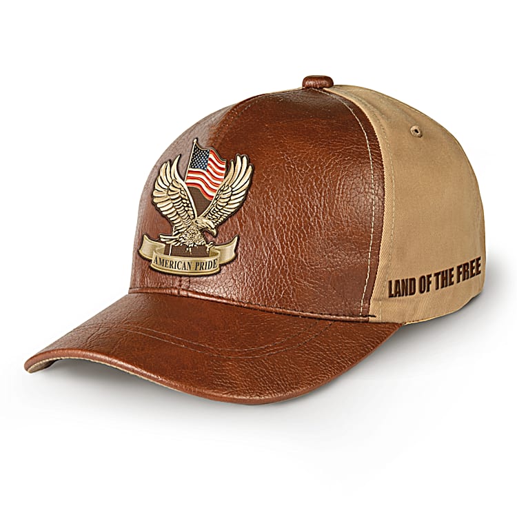 Brown Faux Leather Hat Featuring A Patriotic American Eagle Patch And The  Phrase LAND OF THE FREE