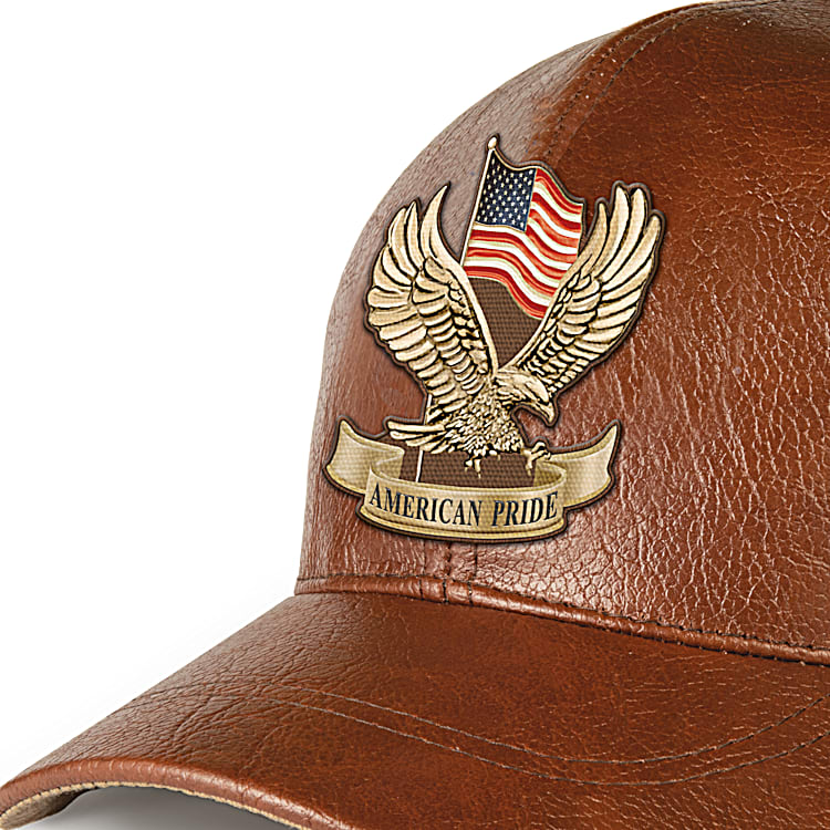Brown Faux Leather Hat Featuring A Patriotic American Eagle Patch