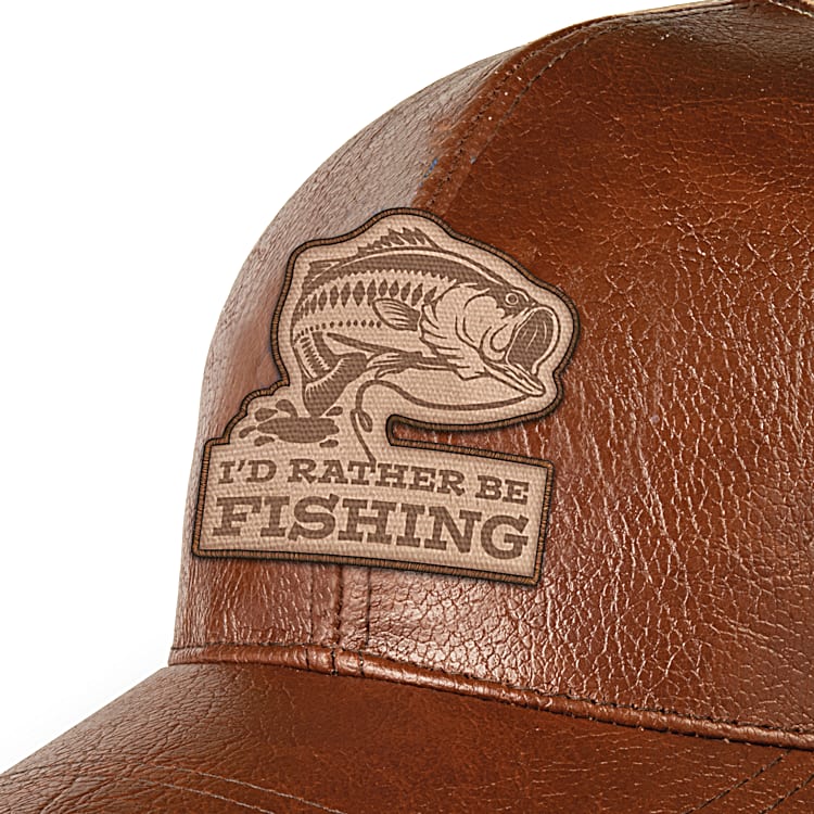 Brown Faux Leather Hat Featuring A Largemouth Bass Patch With The