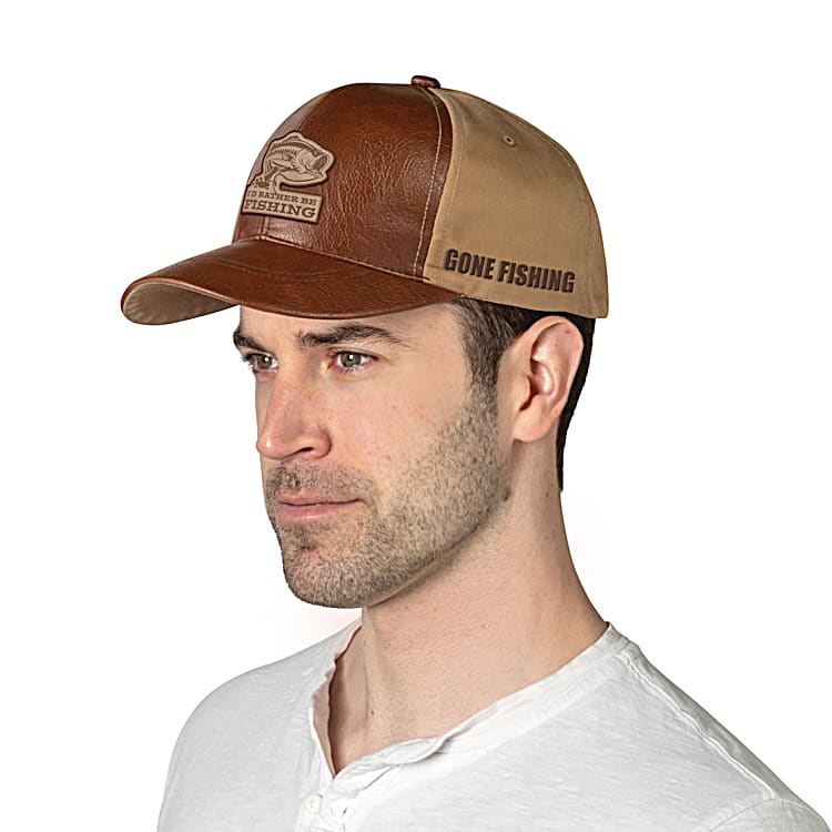 Brown Faux Leather Hat Featuring A Largemouth Bass Patch With The