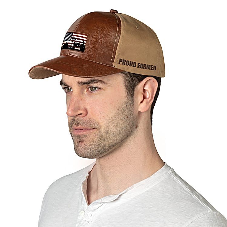 Brown Faux Leather Hat Featuring An American Flag Patch With Farm