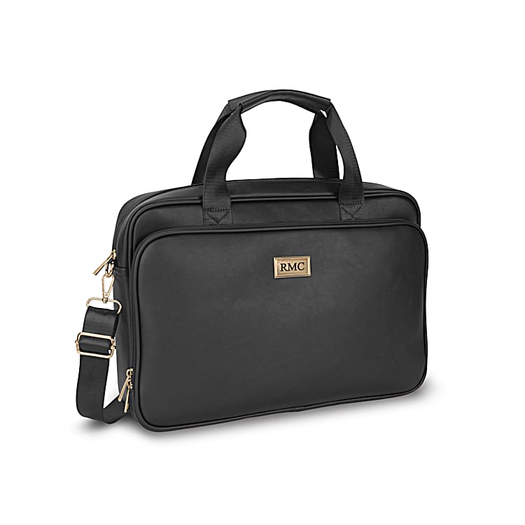 Mens Black Faux Leather Laptop Bag Featuring A Monogrammed Gold Toned Metal Plaque Trolley Sleeve