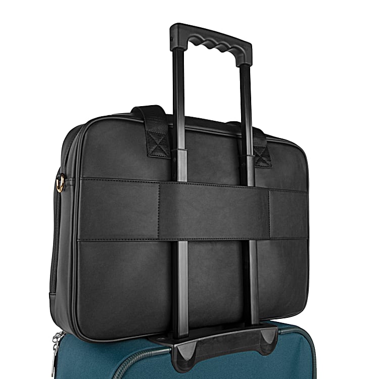 Mens Black Faux Leather Laptop Bag Featuring A Monogrammed Gold Toned Metal Plaque Trolley Sleeve