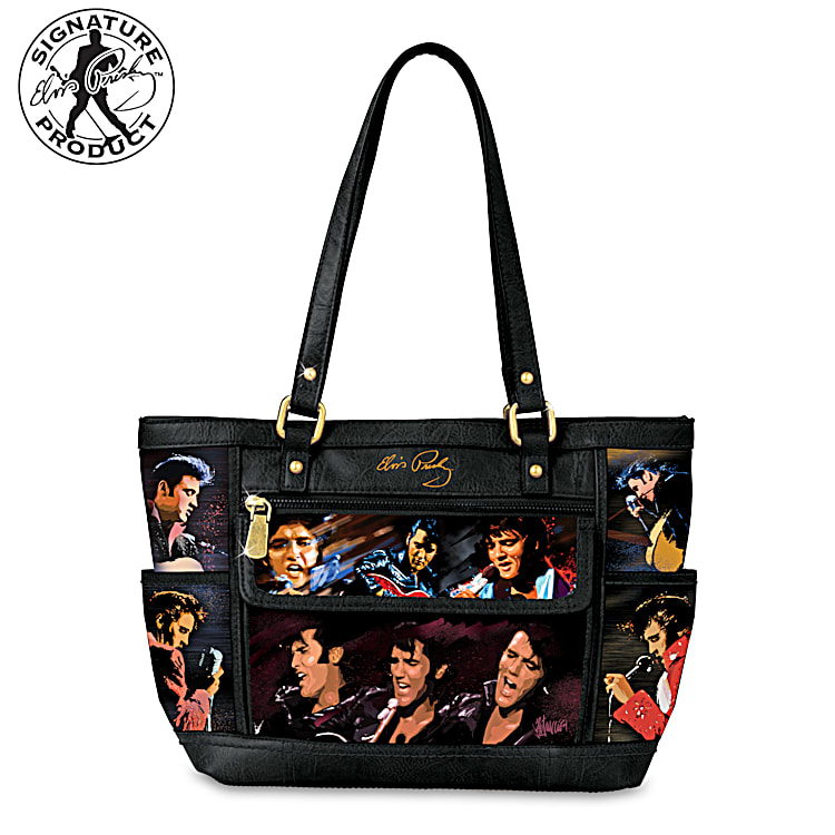 Elvis Presley Black Faux Leather Tote Bag Adorned With Colorful