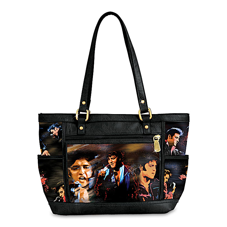Elvis Presley Black Faux Leather Tote Bag Adorned With Colorful