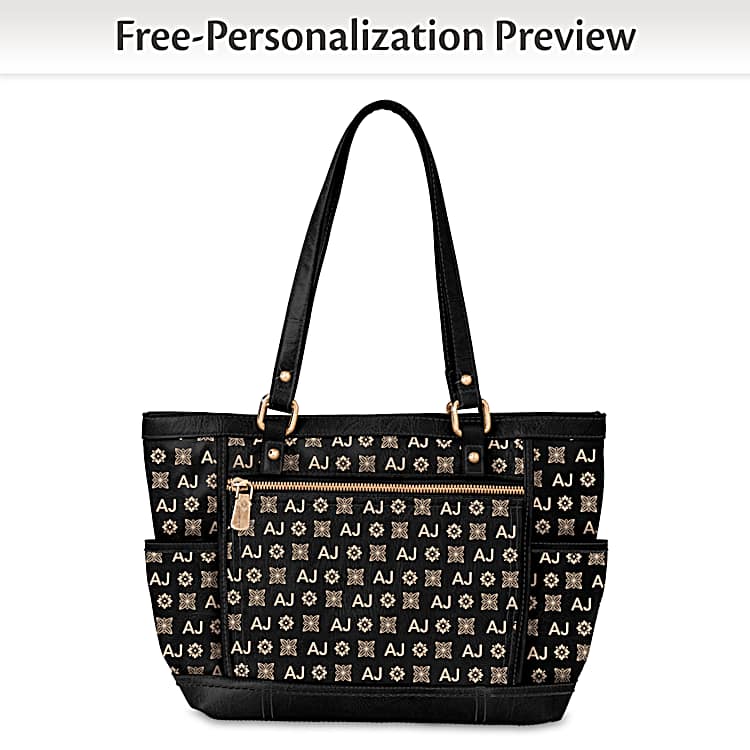 Just My Style Personalized Tote Bag Featuring Black Faux Leather With An All Over Tan Pattern