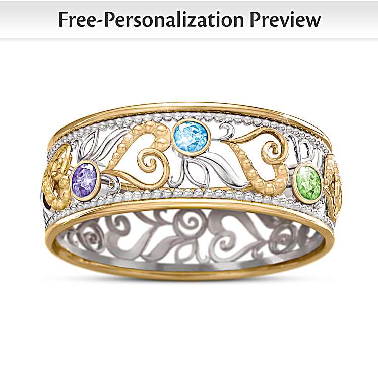 Sterling Silver Family Ring With 18K Gold Plated Accents Personalized With 6 Crystal Birthstones