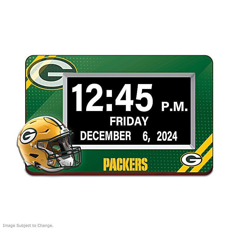 Green Bay Packers Clock With Easy-To-Read LED Numbers And Team Name, Logo  And Colors On The Frame