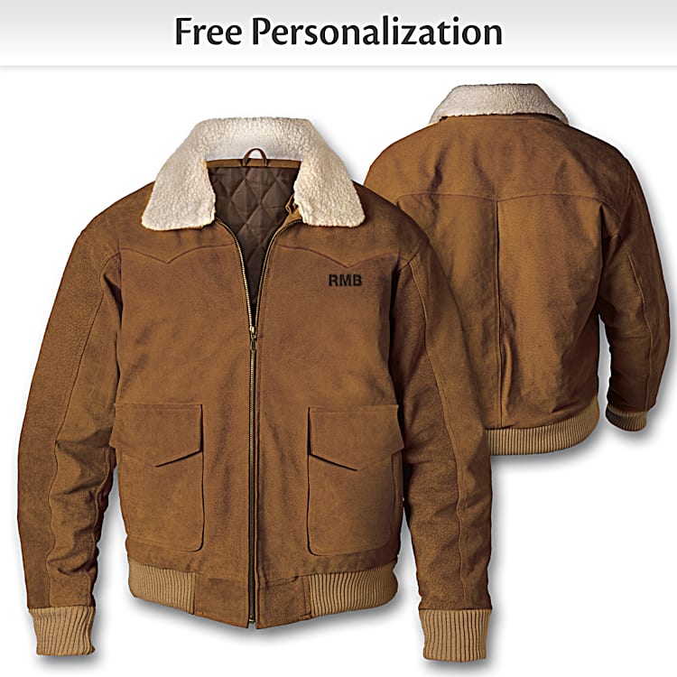 Brown Suede Bomber Jacket Featuring A Removable Ivory Sherpa Collar And Personalized With 3 Initials