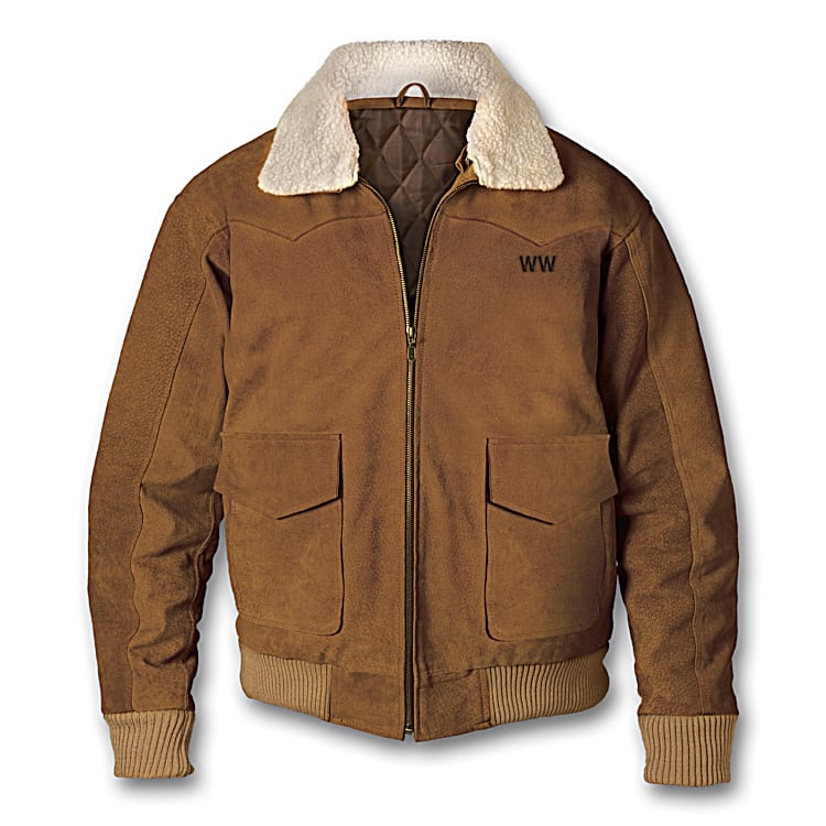 Brown Suede Bomber Jacket Featuring A Removable Ivory Sherpa Collar And Personalized With 3 Initials