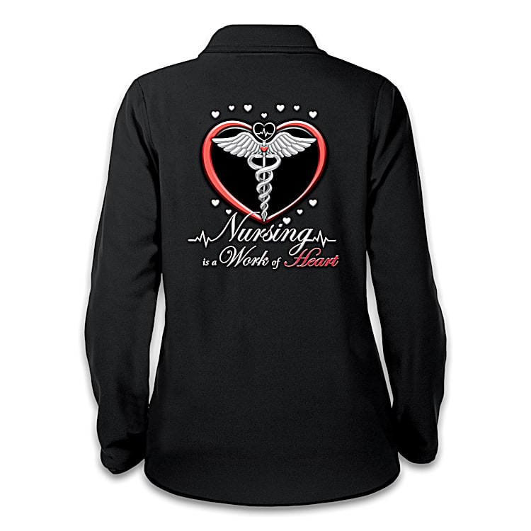 Black Soft Brushed Fleece Jacket Featuring Art Of The Caduceus Symbol Within A Red Heart On The Back