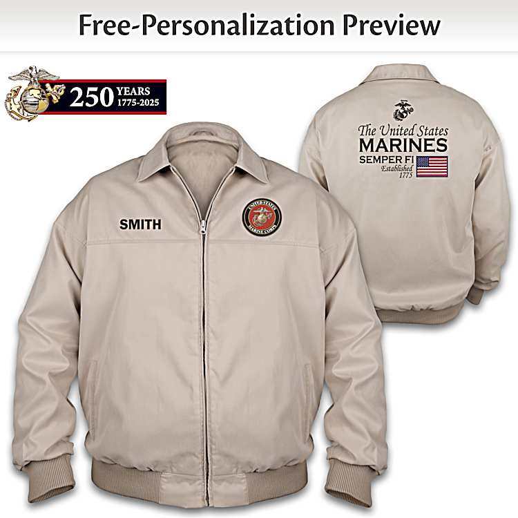 U.S. Marines Mens Tan Jacket With A USMC Emblem Patch And Personalized With Your Name On The Front