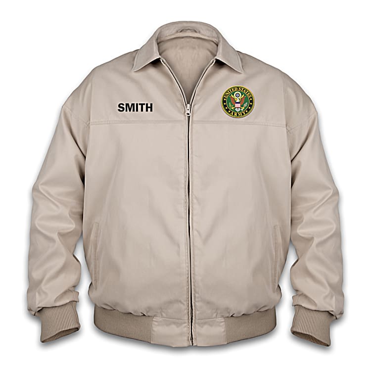 U.S. Army Mens Tan Jacket With An Army Logo Patch And Personalized With Your Name On The Front