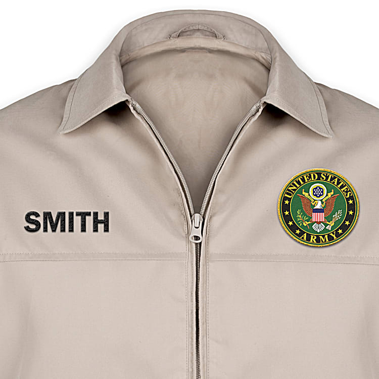 U.S. Army Mens Tan Jacket With An Army Logo Patch And Personalized With Your Name On The Front