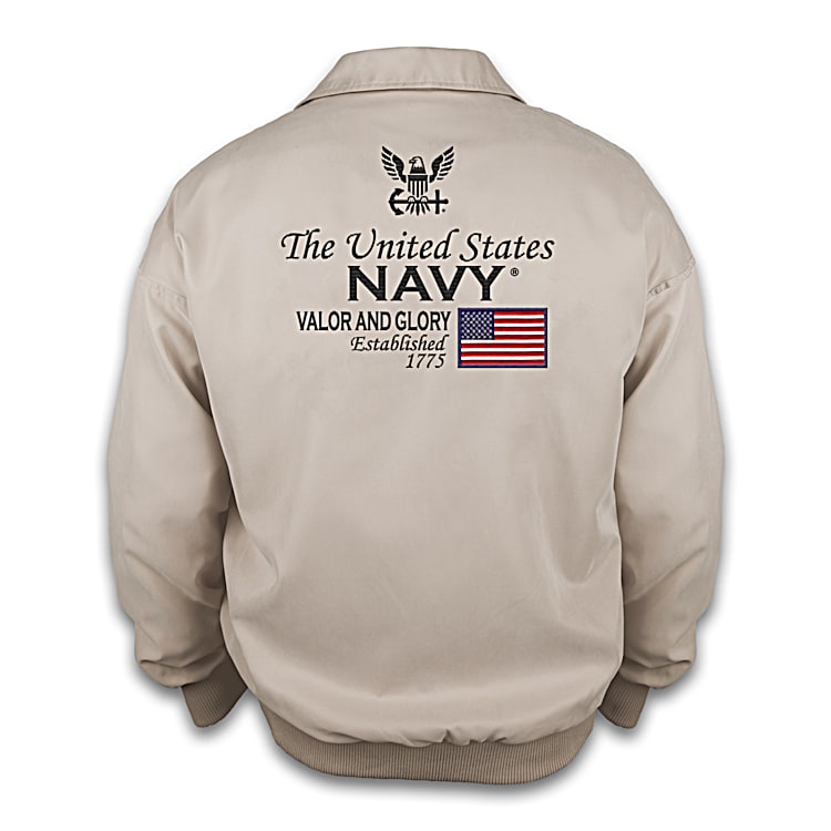 U.S. Navy Tan Jacket With A U.S. Navy Emblem Patch And Personalized With Your Name On The Front
