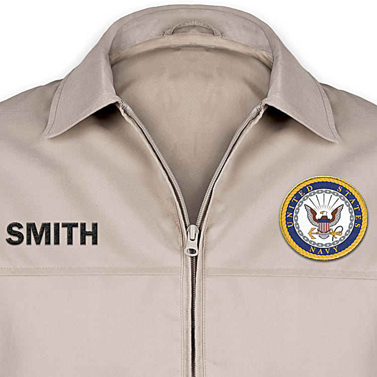 U.S. Navy Tan Jacket With A U.S. Navy Emblem Patch And Personalized With Your Name On The Front