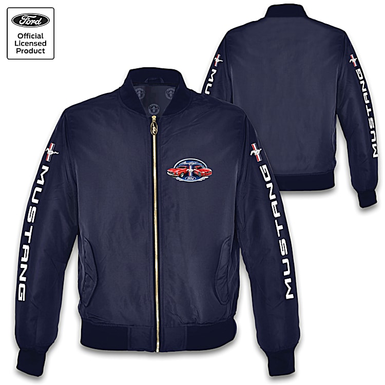 Navy Blue Lightweight Nylon Jacket Adorned With Ford Mustang Art Featuring 1969 And 2015 V8 GTs