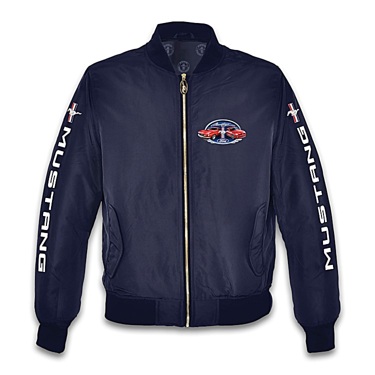 Navy Blue Lightweight Nylon Jacket Adorned With Ford Mustang Art Featuring 1969 And 2015 V8 GTs