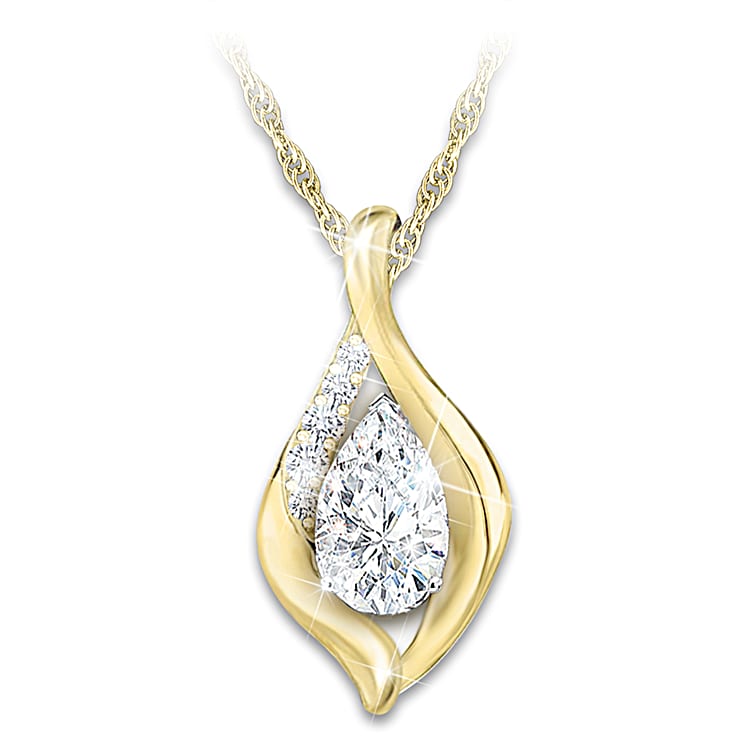Womens 18K Gold Plated Remembrance Pendant Featuring A Teardrop Design Adorned With A White Topaz