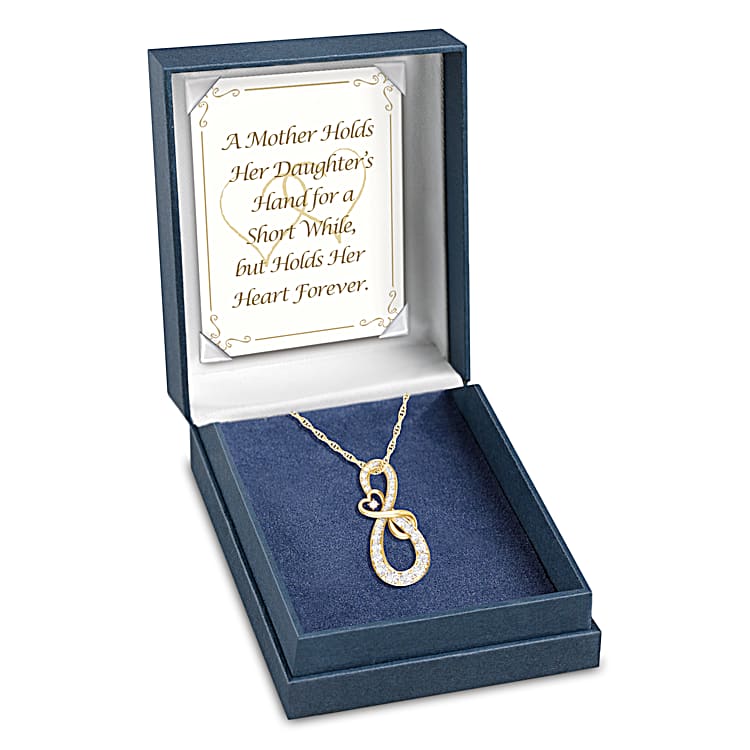 Womens 18K Gold Plated Mother And Daughter Infinity Pendant Adorned With 12 White Diamonds