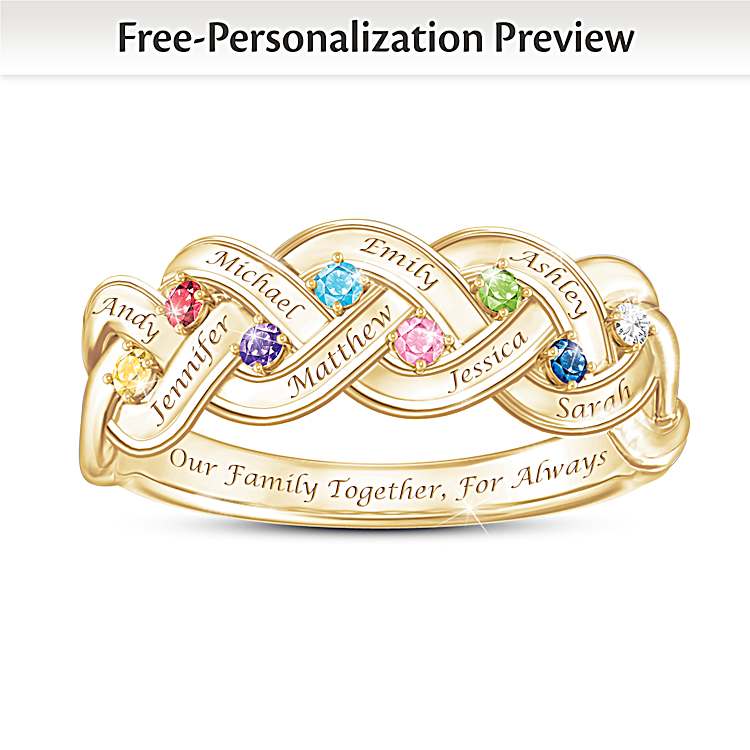 18K Gold Plated Ring With A Unique Braided Design With Crystal Birthstones And Engraved Family Names