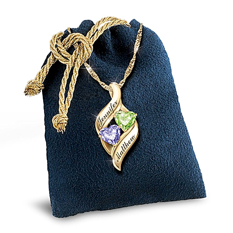 18K Gold-Plated Pendant Adorned With 2 Heart-Shaped Crystal Birthstones And  Engraved With 2 Names