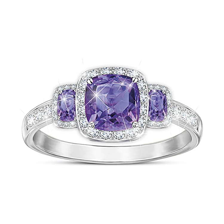 Sterling Silver Ring Adorned With 3 Cushion-Cut Amethyst