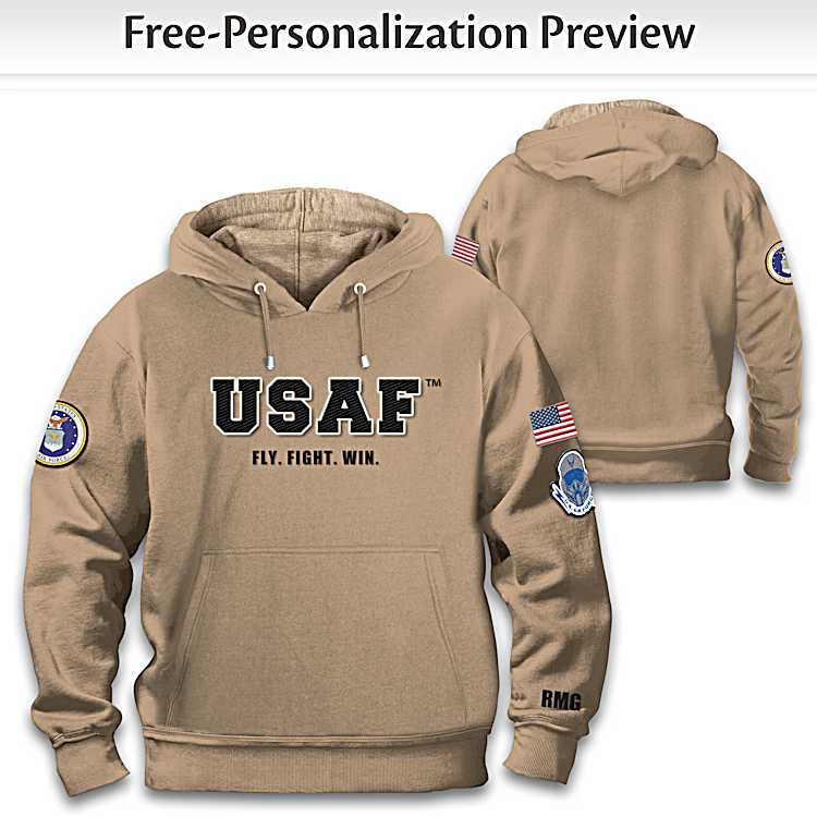Tan Pullover Hoodie With Varsity Lettering That Spells Out USAF Personalized With Up To 3 Initials