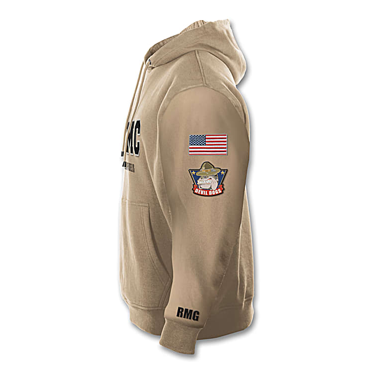 Tan Pullover Hoodie With Varsity Lettering That Spells Out USMC Personalized With Up To 3 Initials