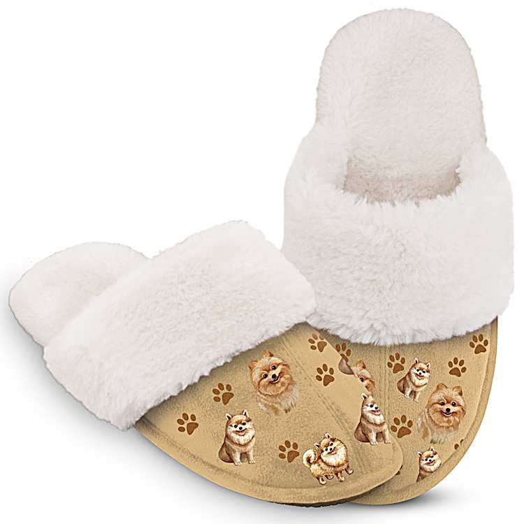 Tan Faux Suede Slippers Featuring An All Over Pattern Of Pomeranian Art And Lined With Faux Fur