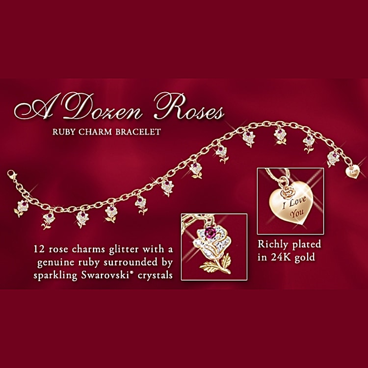 A dozen roses ruby clearance engraved charm bracelet