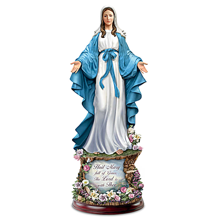 Prayer Card The Bradford Exchange Blessed Mary Mosaic Sculpture Free LED Candle Marbleised Base With Glass Votive Faith-Inspired Sculpture With Hand-Applied Glass Mosaic Garments 