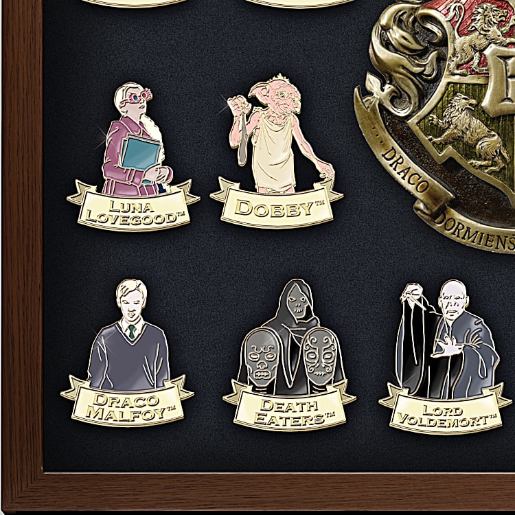 HARRY POTTER Ultimate Hand Enameled 24K Gold Plated Pin Collection With A Glass Covered Wooden Display