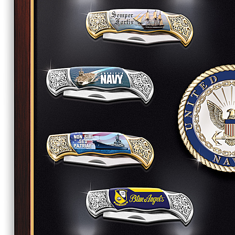 U.S. Navy: Semper Fortis Folding Knife Collection Wall Decor Featuring  Traditional Navy Art & Symbols With An Illuminated Wooden Display Case