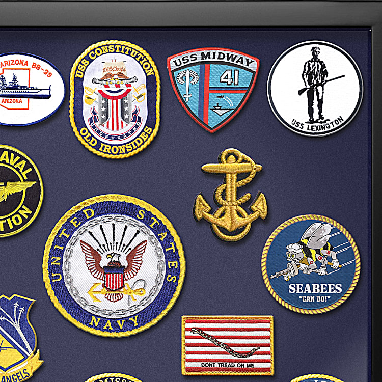 Navy Historic Fully Embroidered Replica Patch Wall Decor Collection With  Custom Glass-Covered Hanging Wooden Display Case Featuring A Hinged Lid