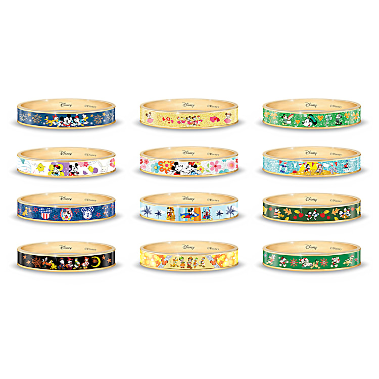 Disney A Year Of Celebration Womens Golden Bangle Bracelet Collection Featuring Colorful Seasonal Character Art For Each Month With Storage Case