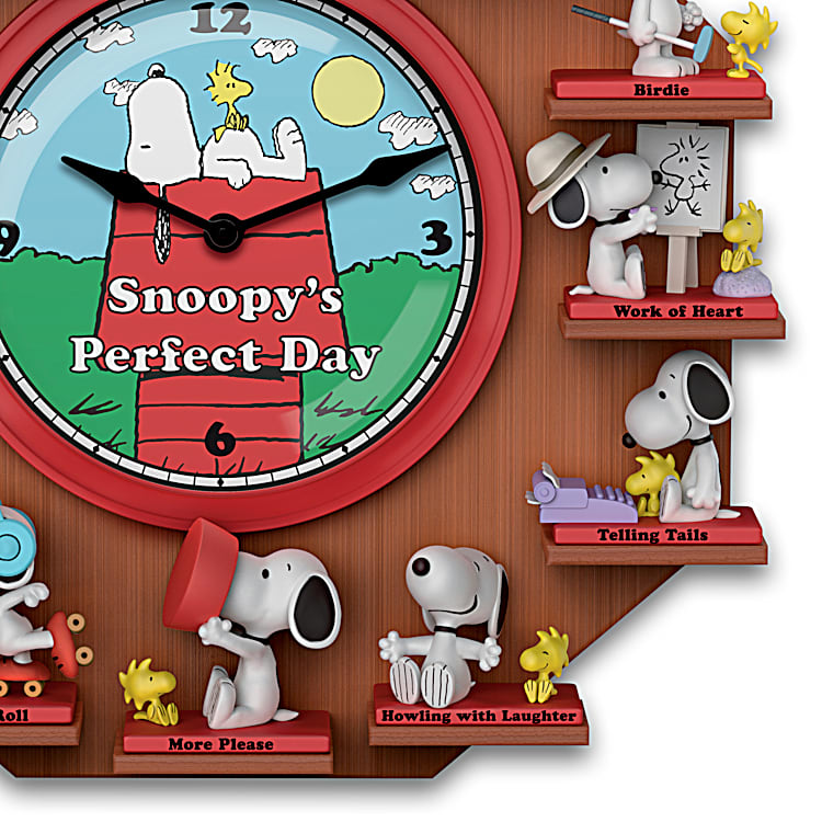PEANUTS Wall Clock Collection Featuring 12 Hand-Painted Snoopy Sculptures  With Wooden Clock Display
