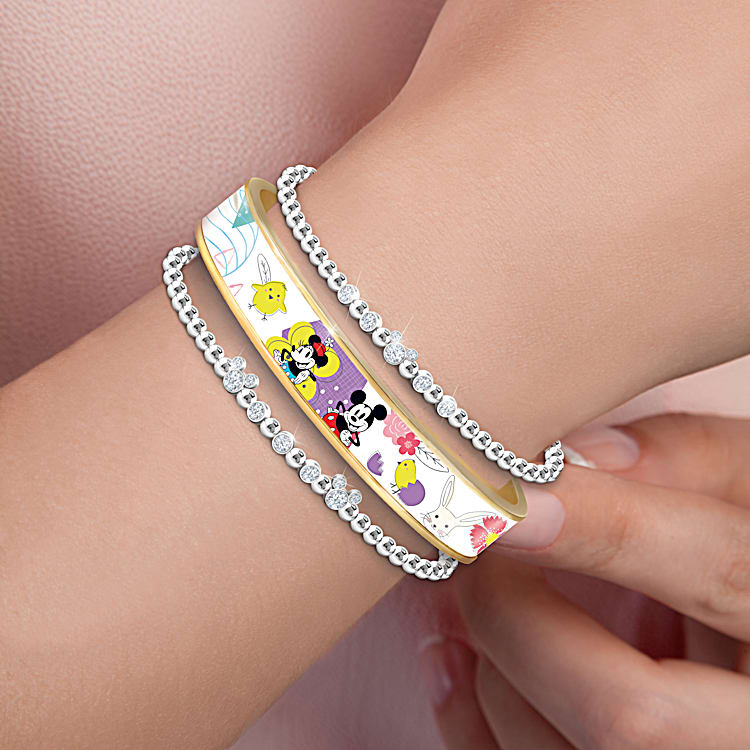 Disney A Year Of Celebration Womens Golden Bangle Bracelet Collection Featuring Colorful Seasonal Character Art For Each Month With Storage Case