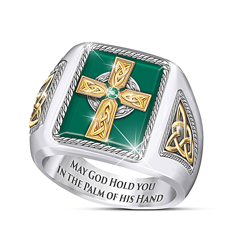 Men’s Sterling Silver Celtic Cross Ring – Endless Knot Band With Green CZ Stone, Size 10.5