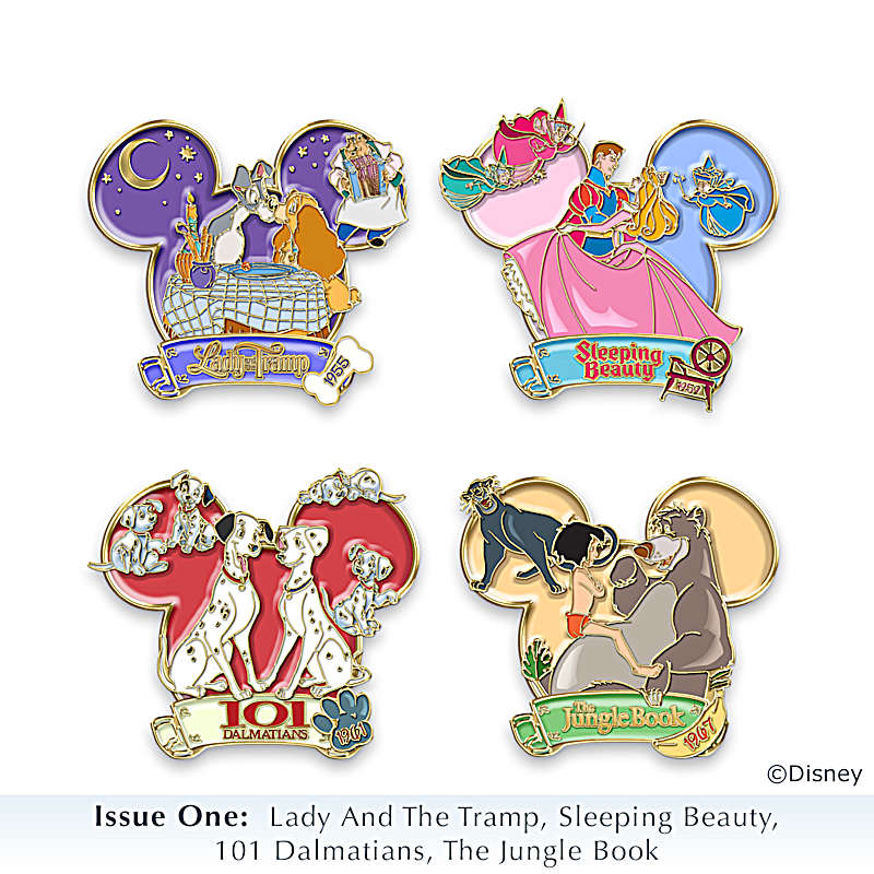 Disney Pin Collection With Collector's Cards And Display