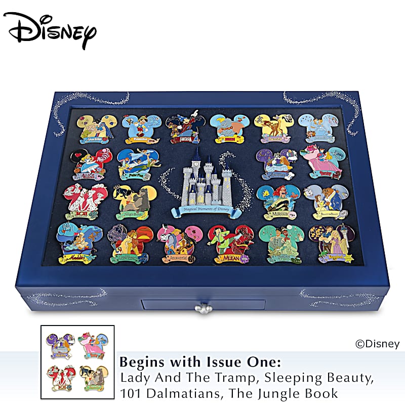 Disney Pin Collection With Collector's Cards And Display