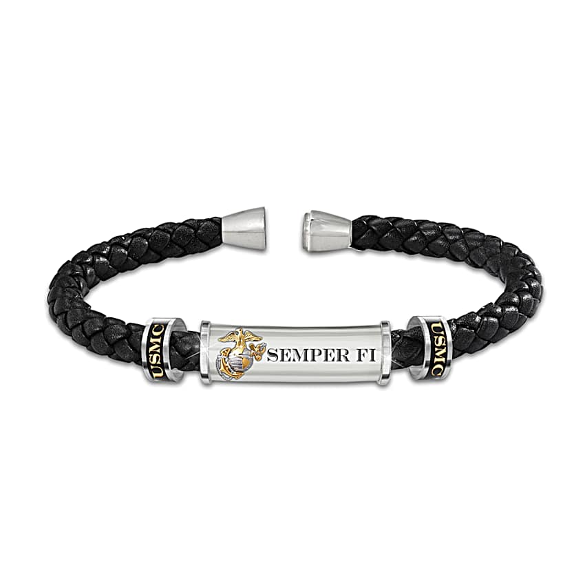 USMC Semper Fi Personalized Mens Braided Black Leather ID Bracelet