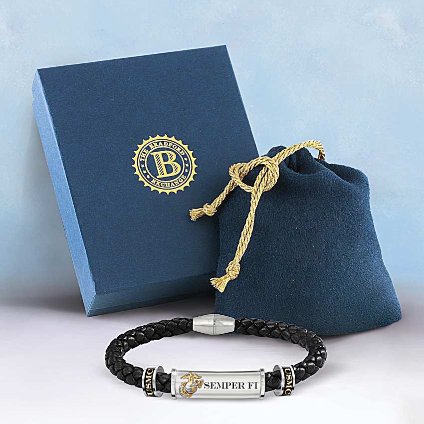 USMC Semper Fi Personalized Mens Braided Black Leather ID Bracelet