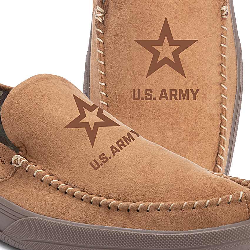 The Bradford Exchange U.S. Army Pride Men\'s Faux Suede Moccasin Sleepers- Size 9 Patriotic Pride Mens Tan Faux Suede Moccasins Featuring An  main image 4