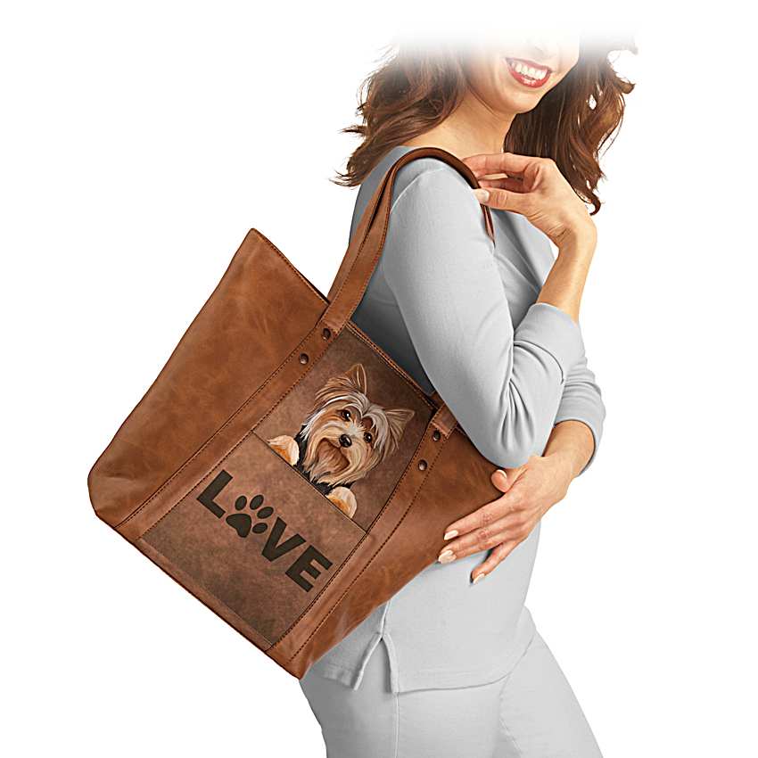 Peek-A-Boo Pup Womens Marbled Two-Tone Brown Faux Leather Tote Bag